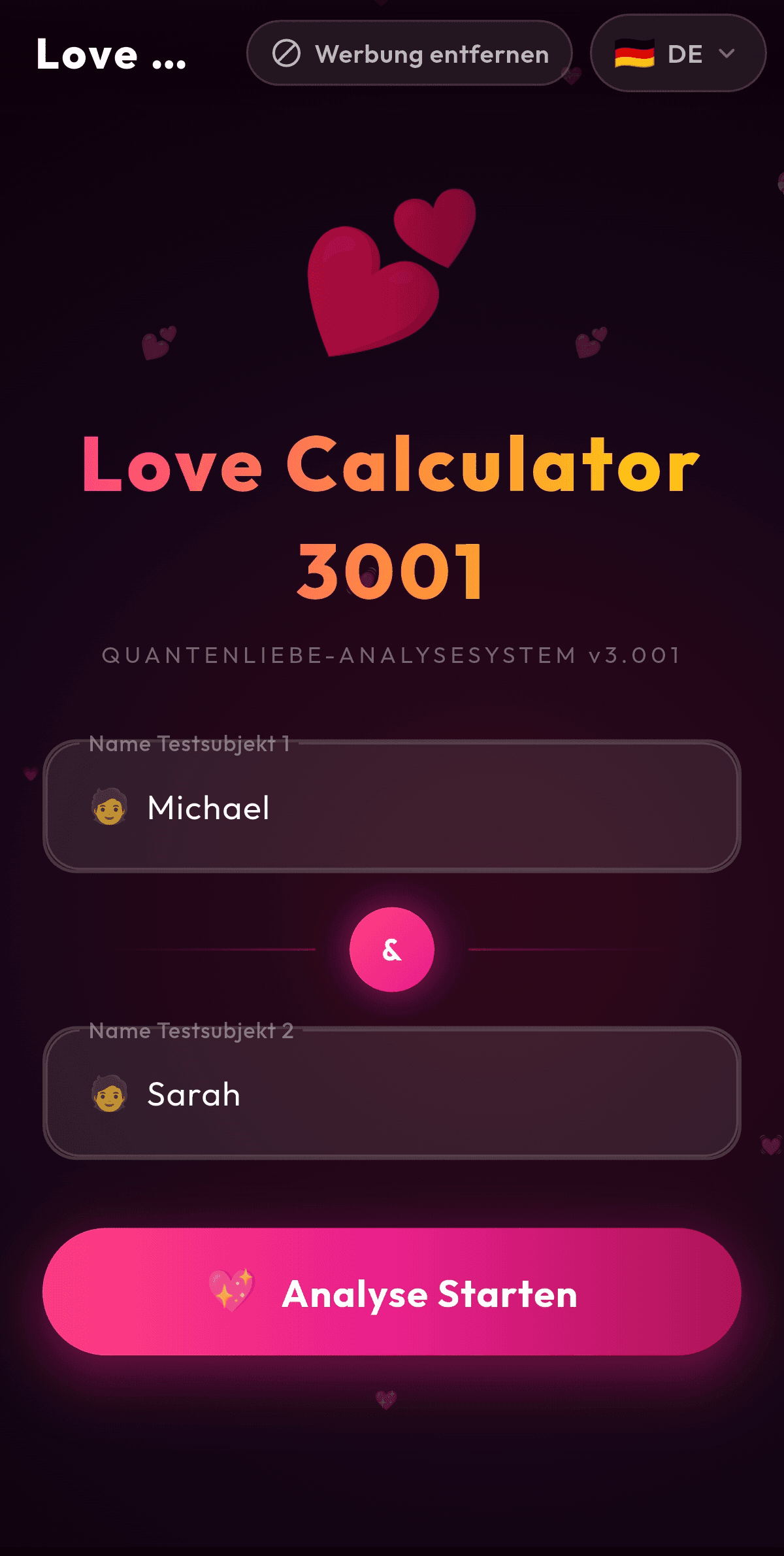 Startbildschirm des Love Calculator 3001 mit zwei Namensfeldern
