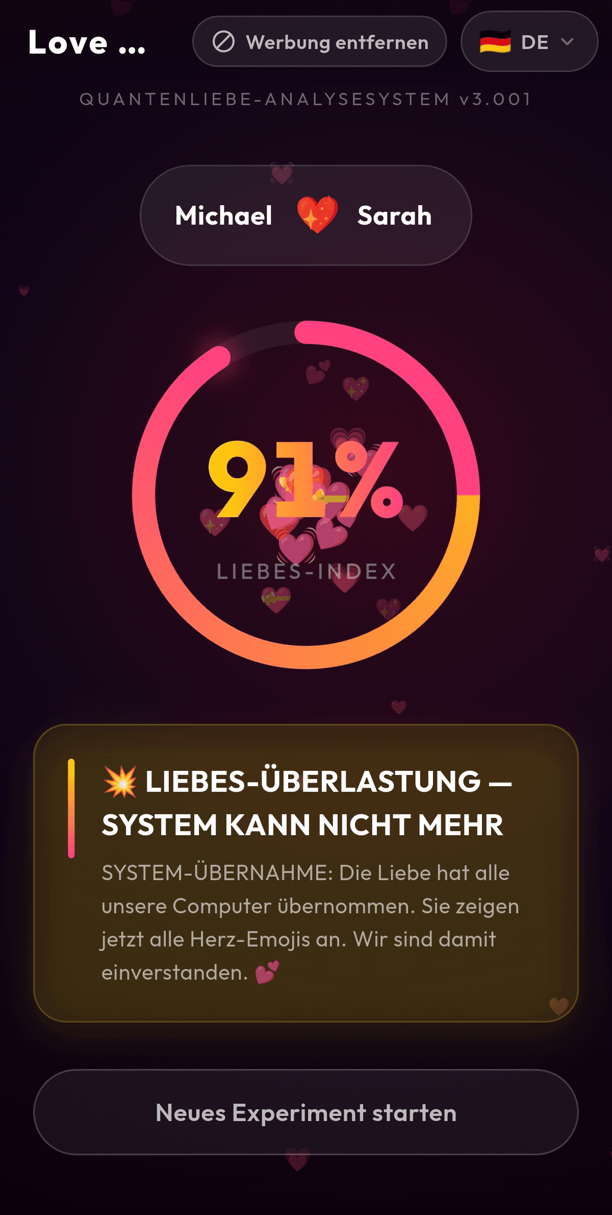 Ergebnisbildschirm des Love Calculator 3001 mit Liebes-Index