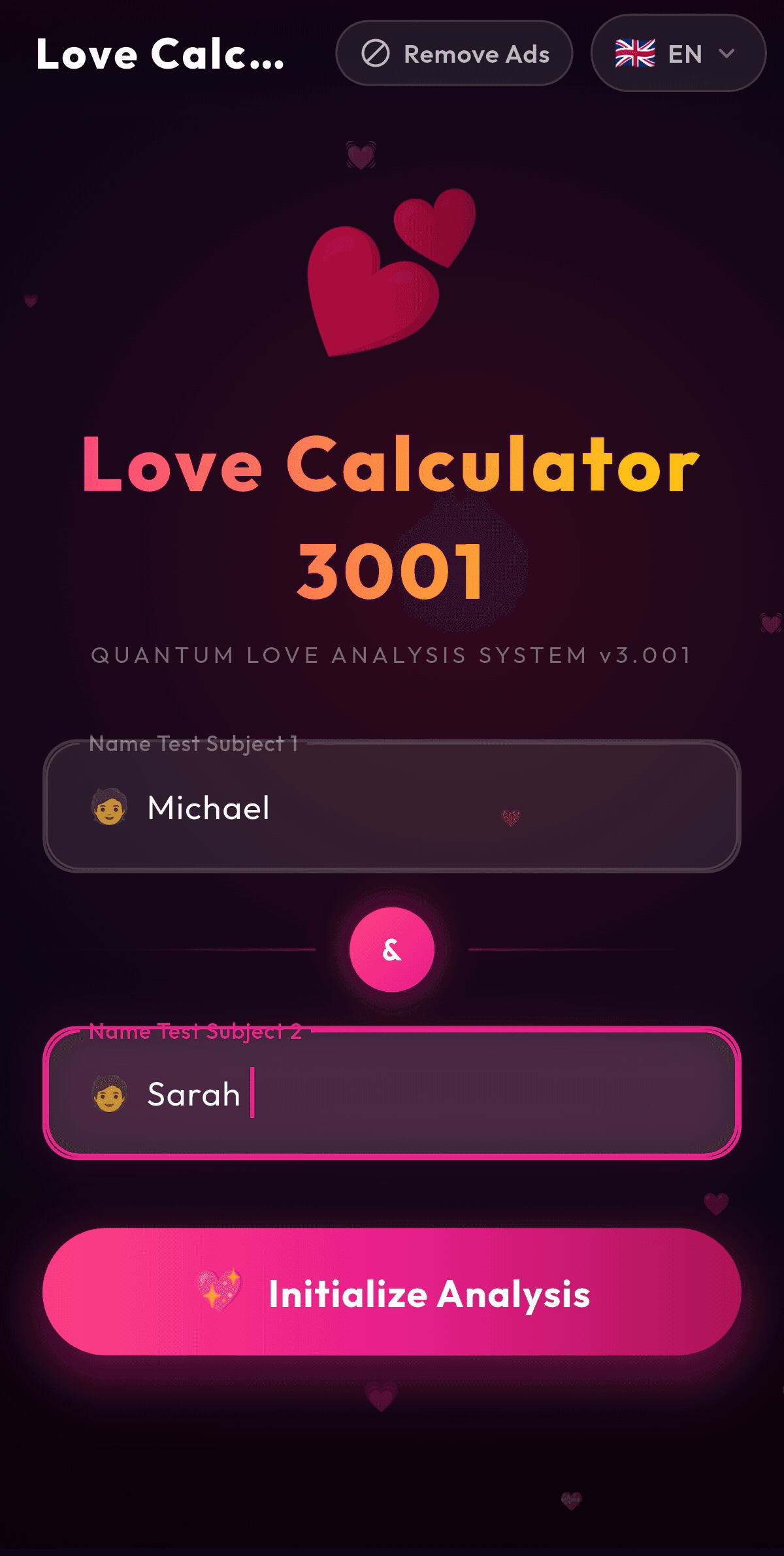 Love Calculator 3001 home screen with two name fields