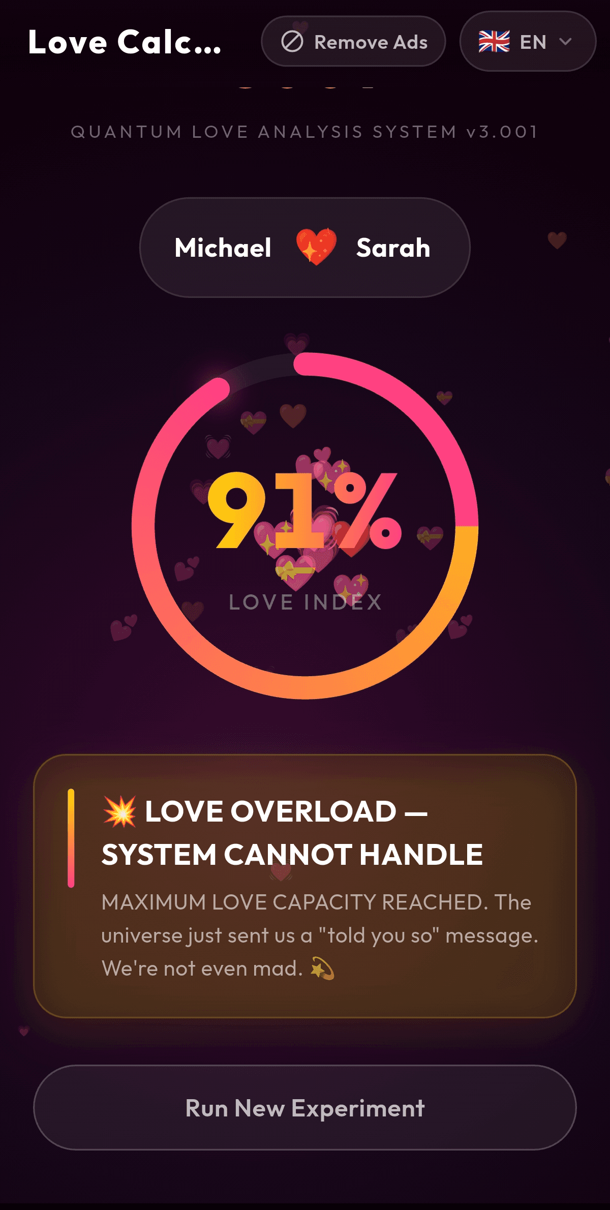 Love Calculator 3001 result screen showing a Love Index