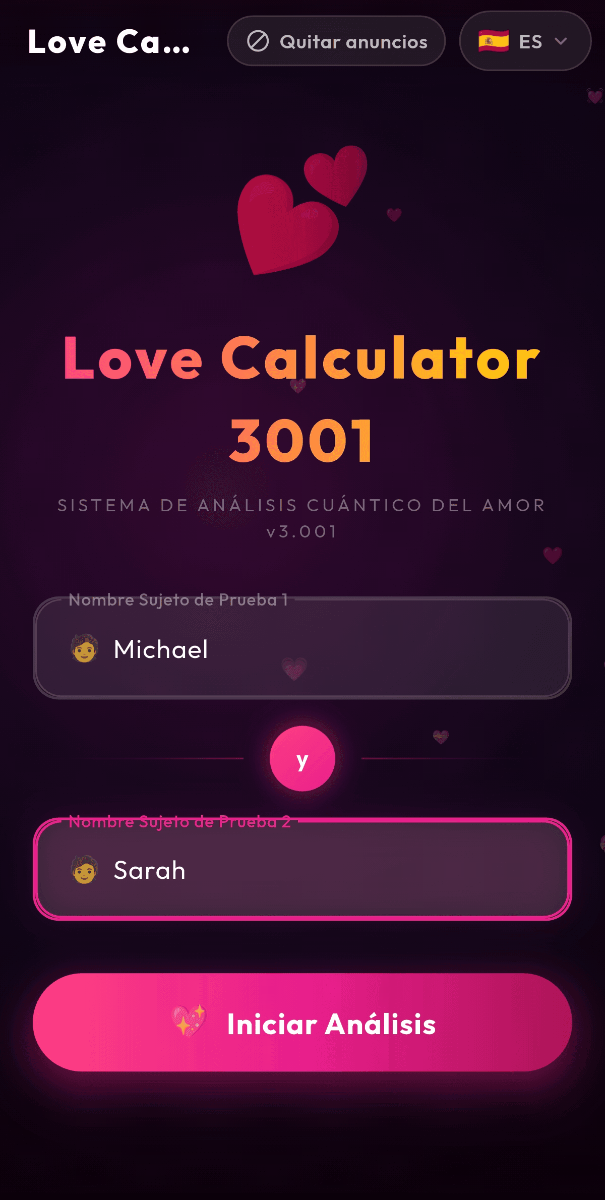 Pantalla de inicio de Love Calculator 3001 con dos campos de nombre