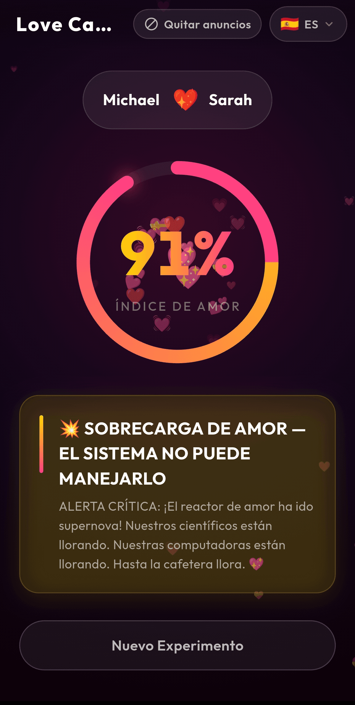 Pantalla de resultado de Love Calculator 3001 con un Índice de Amor