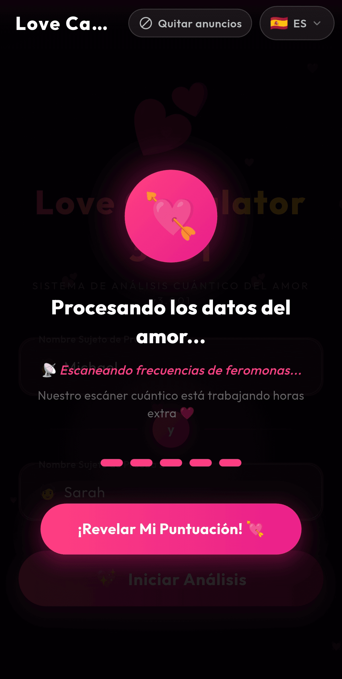 Escáner cuántico del corazón analizando dos nombres